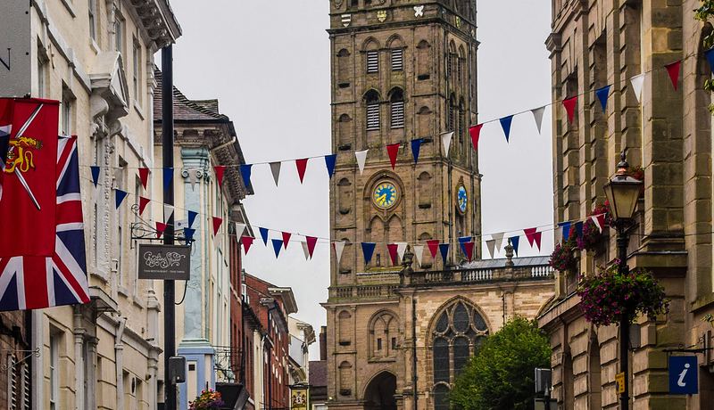 Street with British flags in Warwick, United Kingdom