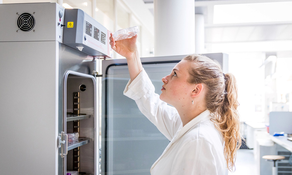 Student BML Research bekijkt petrischaaltje