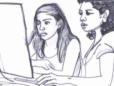 DALL·E 2023-07-18 13.30.09 - A pencil sketch of two people looking at a computer..png