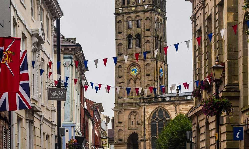 Street with British flags in Warwick, United Kingdom