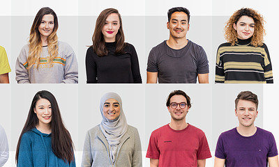 Profile pictures of ten International Business students from different backgrounds.